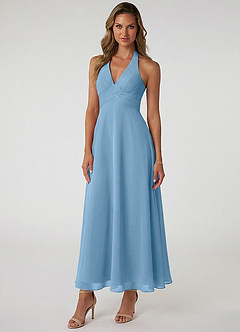 Azazie Tessie Vestidos de damas de honor Vestido de Azul Acero de Gasa de Corte en A con Plisado image1