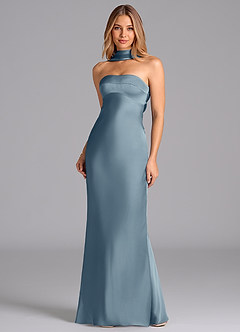 Azazie Lusinda Brudtärnklänningar Klä av Sjöjungfru i Stretch Satin Axelbandslös Dammblå image4