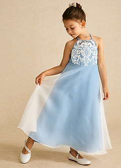 Azazie Ladybug Blumenmädchenkleider A-Linie Spitze Organza Kleid Stahlblau image1