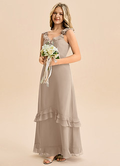 Azazie Tavie Junior Vestido de Gris Pardo de Gasa de Corte en A con Volante image4