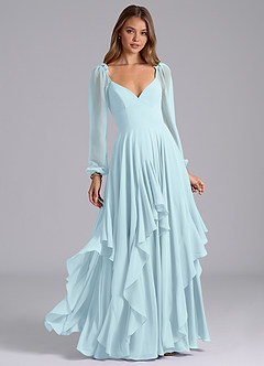 Azazie Karan Bridesmaid Dresses Cloud Blue A-Line Long Sleeve Chiffon Dress image1