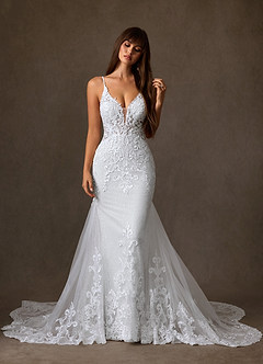 Azazie Selene Final Sale Diamond White Mermaid V-Neck Lace Dress image1