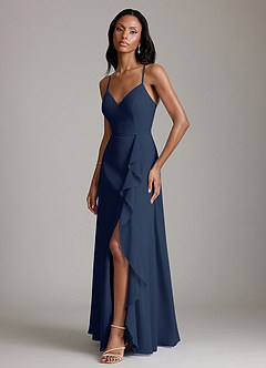 Azazie Naeem Bridesmaid Dresses Dark Navy A-Line V-Neck Ruffle Chiffon Dress image5