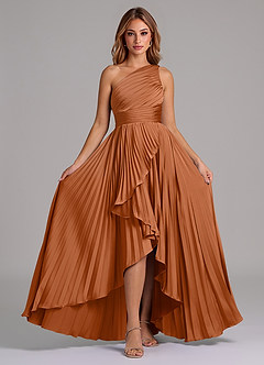 Azazie Lyrica Bridesmaid Dresses Copper A-Line One Shoulder Stretch Satin Dress image6