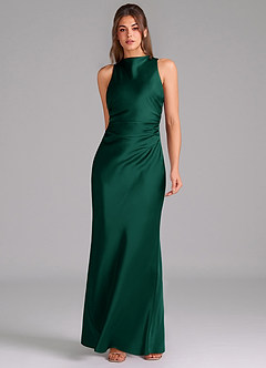 Azazie Evadne Bridesmaid Dresses Emerald Sheath Pleated Stretch Satin Dress image3