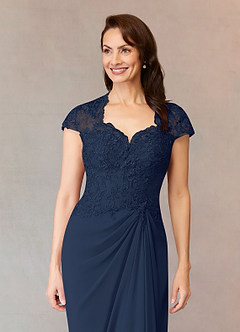Azazie Junie Mère de la mariée Robes Robe Trapèze en Mousseline de soie Dentelle Bleu Marine Foncé image5