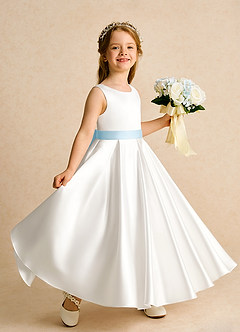 Azazie Cherry Flower Girl Dresses Ivory Sky Blue Ball-Gown Pleated Matte Satin Dress image3