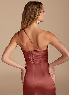 Azazie Eren Bridesmaid Dresses Terracotta Sheath One Shoulder Metallic Satin Dress image2