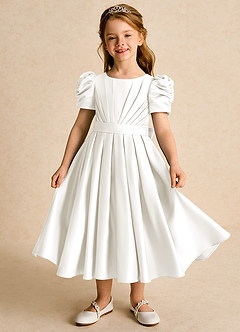 Azazie Miriam Flower Girl Dresses Ivory Ball-Gown Pleated Matte Satin Dress image2