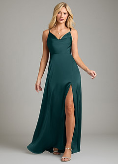 Azazie Sarella Bridesmaid Dresses Pine A-Line Pleated Stretch Satin Dress image6