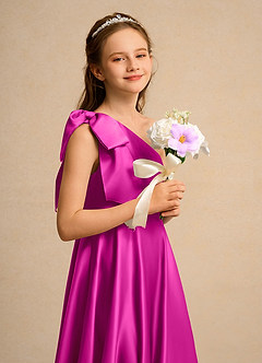 Azazie Guppy Girls Formal Flower Girl Dresses Fuchsia A-Line One Shoulder Matte Satin Dress image6