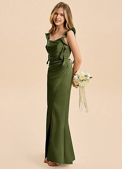 Azazie Jessamine Junior Olive A-Line Ruched Stretch Satin Dress image7