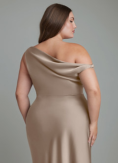 Azazie Emerson Bridesmaid Dresses Taupe Mermaid Off the Shoulder Stretch Satin Dress image6