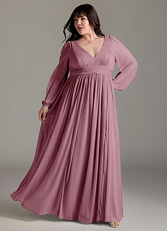 Azazie Norah Bridesmaid Dresses Vintage Mauve A-Line V-Neck Long Sleeve Chiffon Dress image8