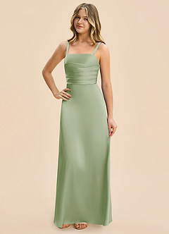 Azazie Astyn Junior Dusty Sage Sheath Pleated Stretch Satin Dress image3