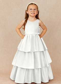 Azazie Margie 플라워 걸 드레스 A라인 절하다 스트레치 새틴 발목 길이 드레스 image2