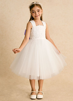 Azazie Dimple Abiti da Ragazza di Fiori Abito Principessa in Tulle Pizzo Avorio Lilla image2