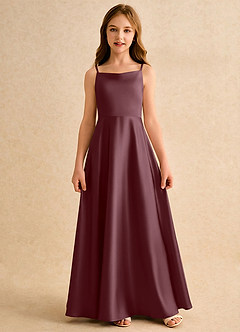 Azazie Joella Girls Formal Robe Demoiselle D'honneur Fillette Robe Trapèze en Satin extensible Plissée Sangria image4