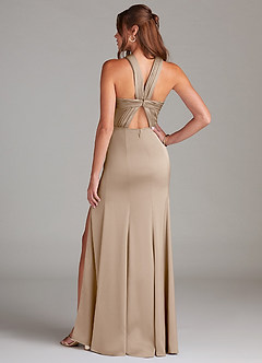 Azazie Rue Bridesmaid Dresses Taupe A-Line Pleated Stretch Satin Dress image7