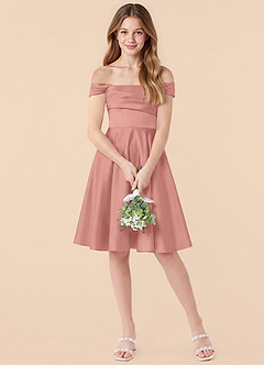 Azazie Amira Junior Rosette A-Line Pleated Stretch Satin Dress image3