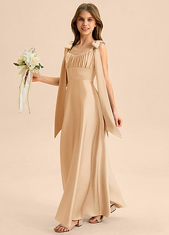 Azazie Halley Junior Vestido de Oro de Satén Elástico de Corte en A con Lazo image3