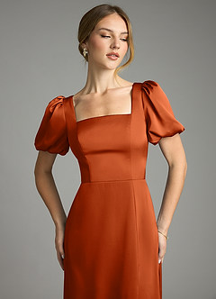 Azazie Fyona Bridesmaid Dresses Burnt Orange A-Line Pleated Stretch Satin Dress image6