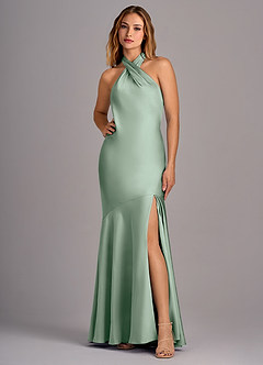 Azazie Lorena Robes de demoiselle d'honneur Robe Sirène en Satin extensible Plissée Agave image1