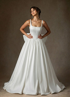 Azazie Cyanne 웨딩드레스 볼가운 포켓이 있는 스트레치 새틴 채플 트레인 드레스 image4