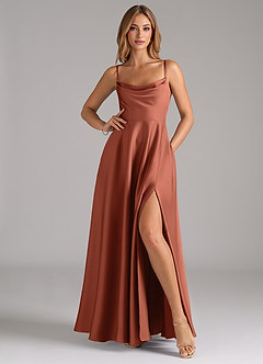 Azazie Elle Brautjungfernkleider A-Linie Plissee Stretch-Satin Kleid Lehm image3