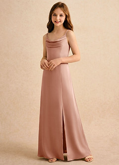 Azazie Shira Girls Formal Flower Girl Dresses Rose Gold A-Line Pleated Stretch Satin Dress image3