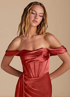 Azazie Amyra Bridesmaid Dresses Rust Mermaid Sweetheart Neckline Metallic Satin Convertible Dress image7