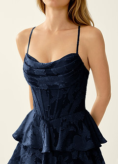 Wrenana Navy Textured Floral Jacquard Prom Dress image6