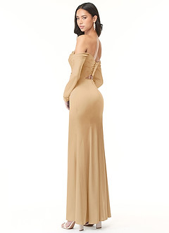 Azazie Hallie Vestidos de damas de honor Vestido de Oro de Satén Elástico de Corte Recto Convertible con Manga larga con hombros descubiertos image6