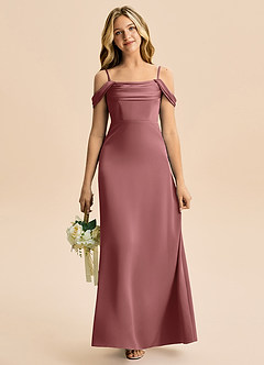 Azazie Lettie Junior Vestido Ametista de Cetim elástico de Linha A com Fora do ombro image2