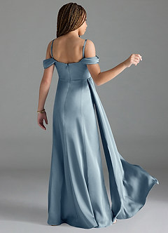 Azazie Amyra Junior Dusty Blue Sheath Off the Shoulder Stretch Satin Dress image2
