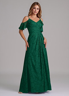 Azazie Dakota Bridesmaid Dresses Emerald A-Line Off the Shoulder Floral Burnout Dress image1