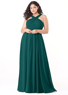 Azazie Dixie Bridesmaid Dresses Peacock A-Line Halter Pleated Chiffon Dress image7