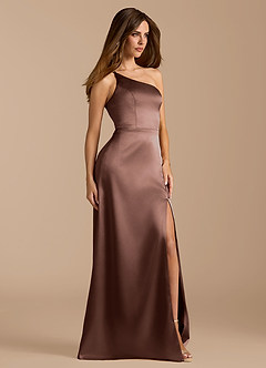 Azazie Trina At-home Try On Dresses Auburn A-Line One Shoulder Metallic Satin Dress image4