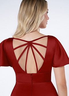 Azazie Lani Brautjungfernkleider A-Linie Volantärmel Stretch-Satin Kleid Granatapfelrot image3