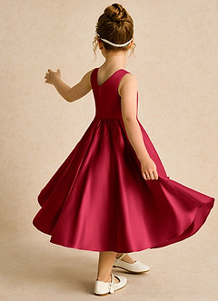 Azazie Hermia Blumenmädchenkleider A-Linie ärmellos Matte Satin Kleid Scharlachrot image5