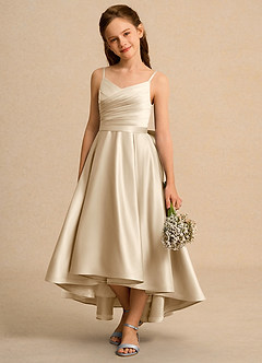 Azazie Sweets Girl vestidos de niña de las flores Vestido de Champán de Satin Mate de Corte En A con Plisado image3