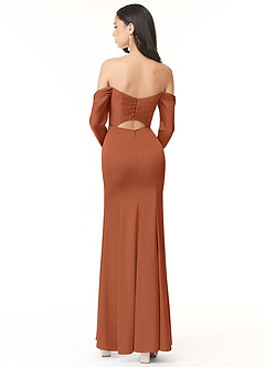 Azazie Hallie Bridesmaid Dresses Cedar Rose Sheath Off-The-Shoulder Long Sleeve Stretch Satin Convertible Dress image4