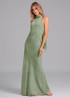Azazie Velli Vestidos de damas de honor Vestido de Salvia Polvorienta de terciopelo de Corte Sirena con Cuello Alto image5