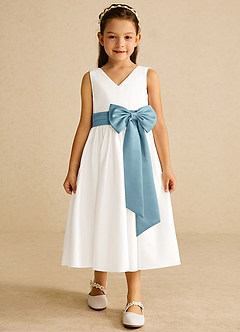 Azazie Darling Flower Girl Dresses Ivory Moody Blue A-Line Bow Cotton Dress image4