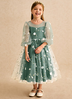 Azazie Elowen vestidos de niña de las flores Vestido Verde Oscuro de Encaje de Línea A con Escote corazón image5