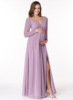 Azazie Teton Robes de demoiselle d'honneur de maternité Robe Trapèze Manche longue Longueur ras du sol Mousseline de soie image4