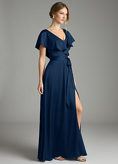 Azazie Lainey Vestidos de damas de honor Vestido de Azul Marino Oscuro de Satén Elástico de Corte en A con Con bolsillos image5