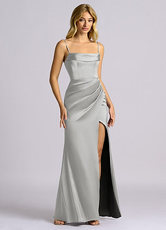Azazie Auden Robes de demoiselle d'honneur Robe Fourreau Convertible en Satin extensible Épaule décolletée Argent image3