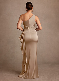 Azazie Yvette Mother of the Bride Dresses Taupe Sheath One Shoulder Stretch Satin Dress image2