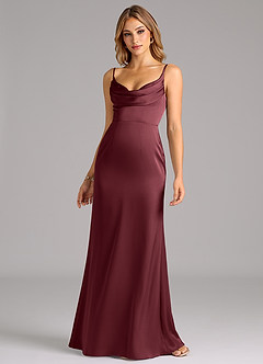 Azazie Aimee Vestidos de damas de honor Vestido de Merlot de Satén Elástico de Corte en A con Escote de Corazón image4